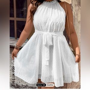 SHEIN VCAY Plus Swiss Dot Belted Halter Dress 0XL(12)